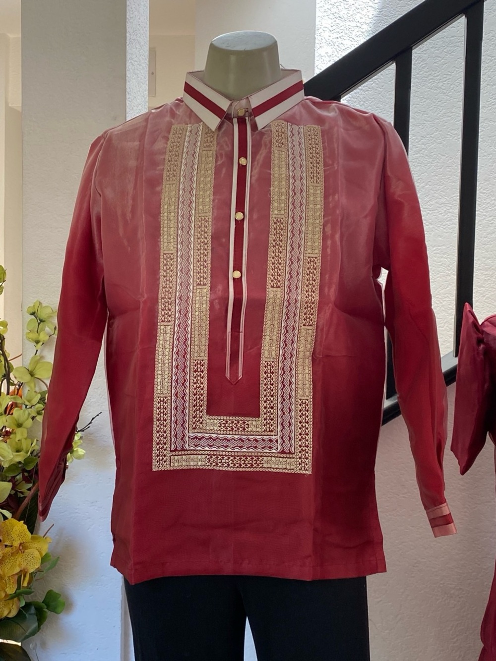 Men's Maroon Embroidered Dress Shirt - Traditional Barong Tagalog
